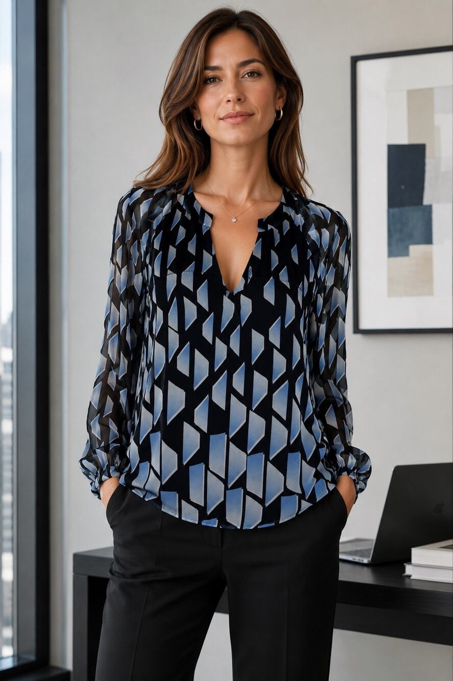 Diane Von Furstenberg Maiko Geometric Silk Chiffon Blouse Career Office Size 6